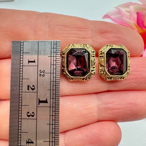 Vintage 1928 Purple Gripoix Style Small Stud Earrings Regency Royal Opulent Chic - Picture 4 of 4